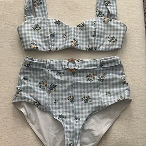Reformation Blue Gingham Floral Bikini Set